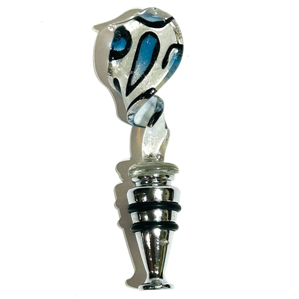 Murano Style Glass Wine Bottle Stopper Cork Blue White Black Animal Print Shiny